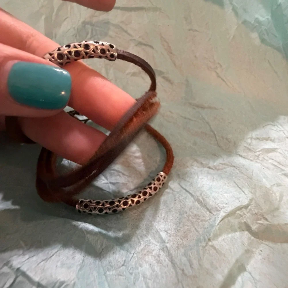 Brown Leather Wrap Bracelet Silver Perforated Tube Beads Adjustable‎ Boho Tribal